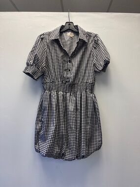 Black & White Gingham Shirred-Waist Mini Dress